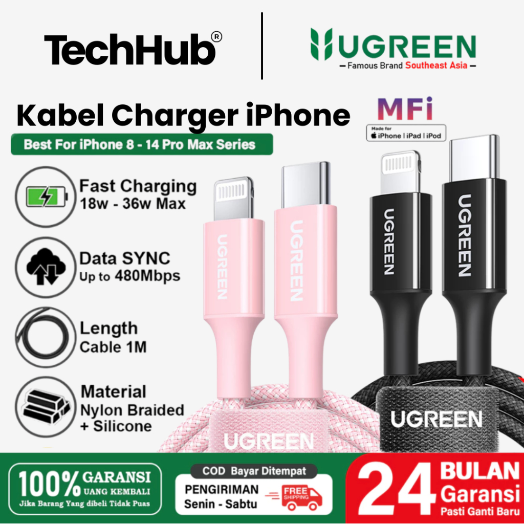 UGREEN Kabel Charger iPhone MFi For iPhone 11 12 13 14 Pro Max Fast Charging USB C To Lightning