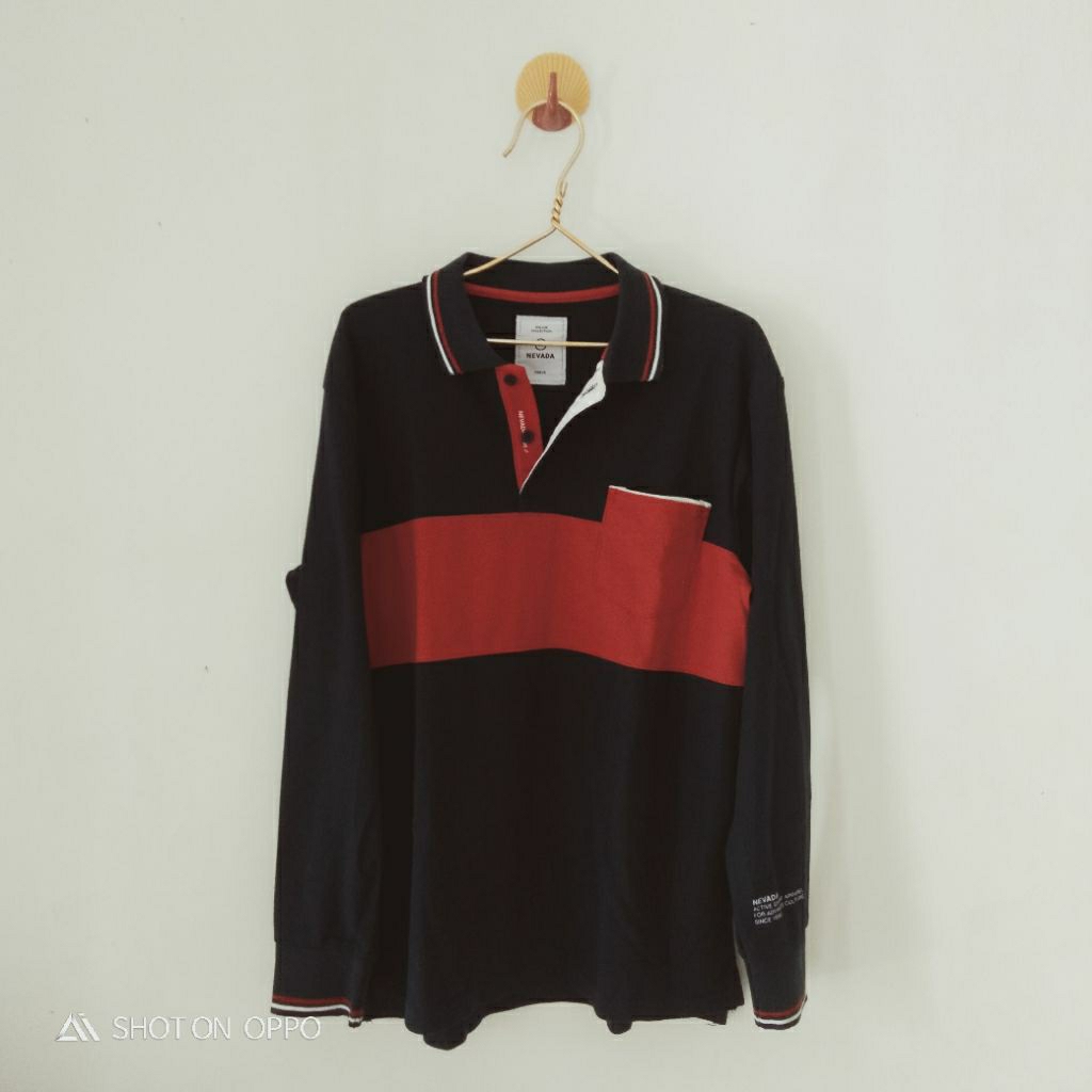 Kaos Pria Polo Lengan Panjang//Brand NEVADA Ori//Navy Orange//LD96, P66, PL56//Like New