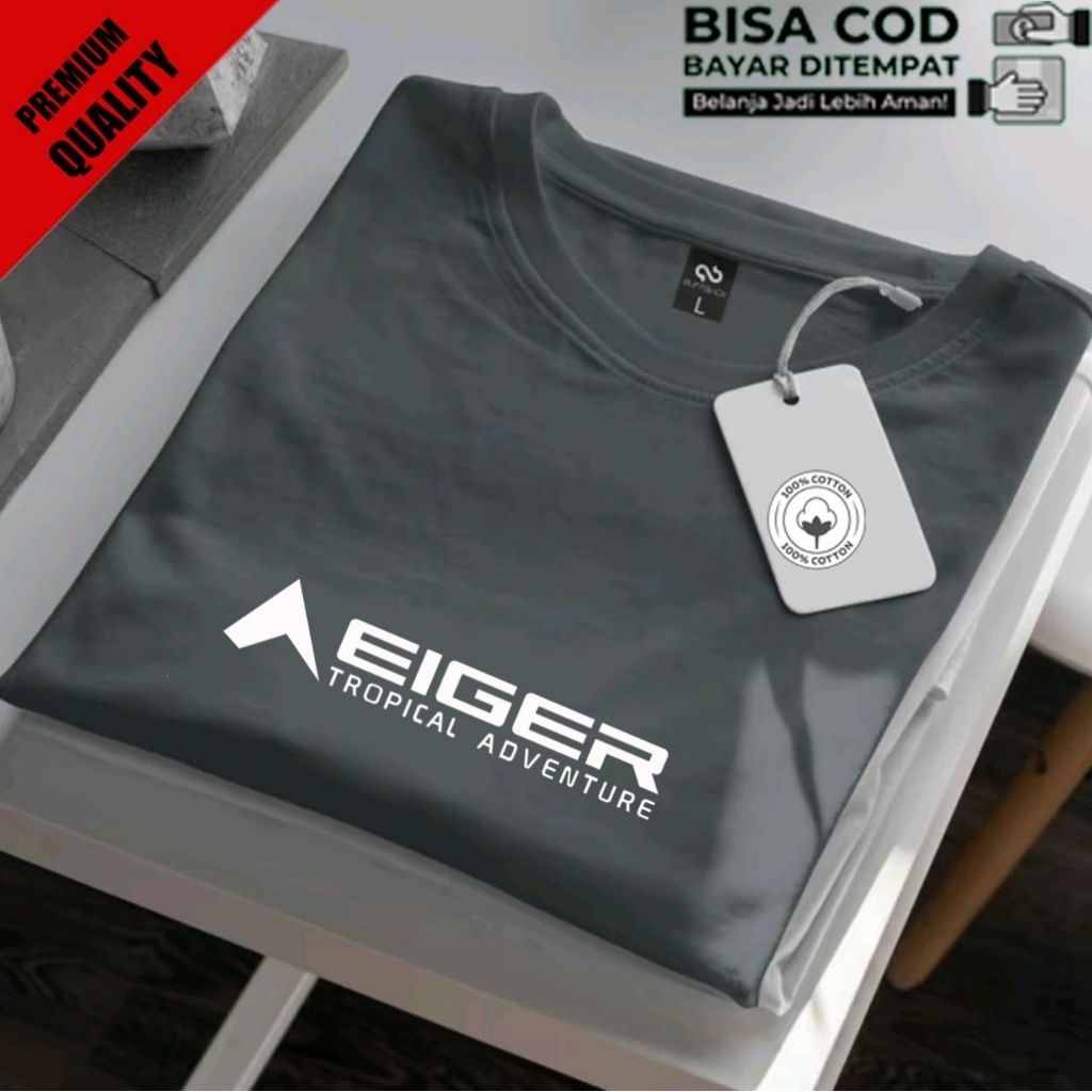 Kaos EIGER Text Putih  T-shirt Atasan Casual PriaKaos Wanita Pakaian Oblong Motif Lengan Pendek Mura