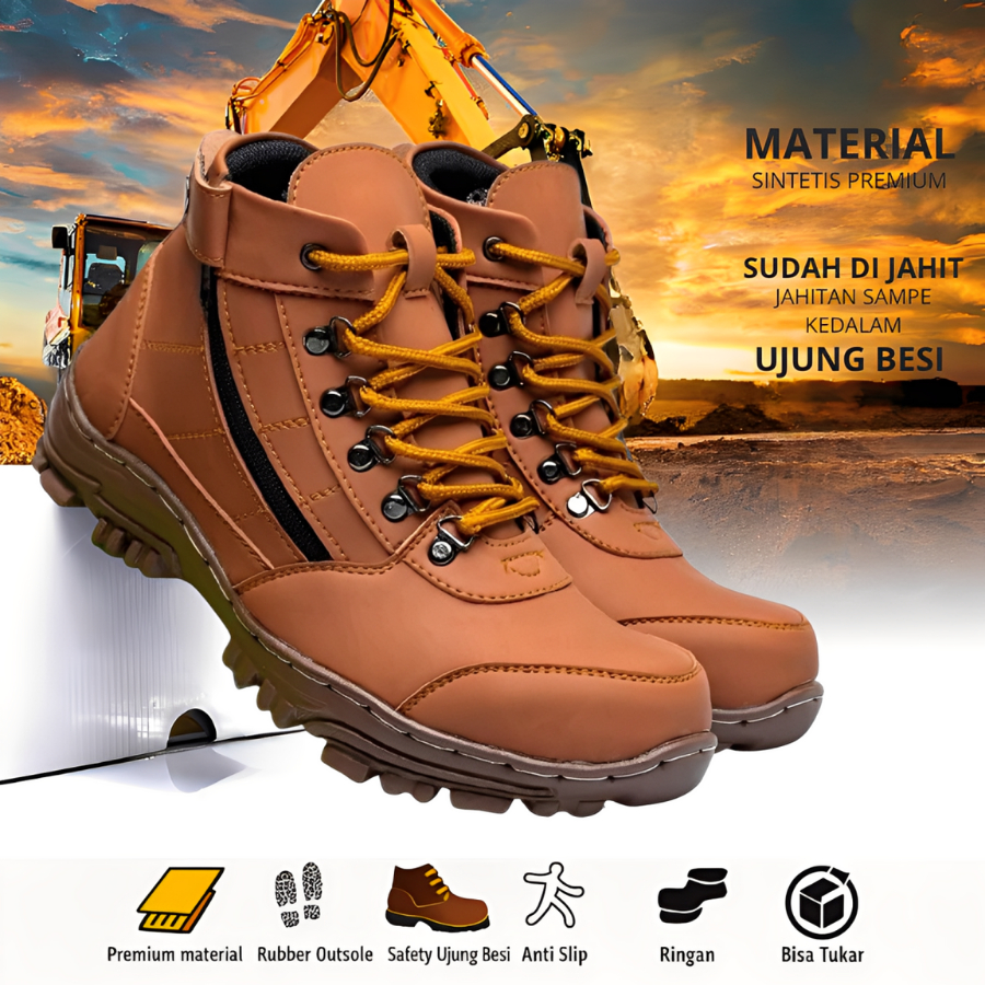 SEPATU PRIA BOOTS SAFETY CROCODILE MORISEY TAN UJUNG BESI KASUAL ANKLE BOOTS