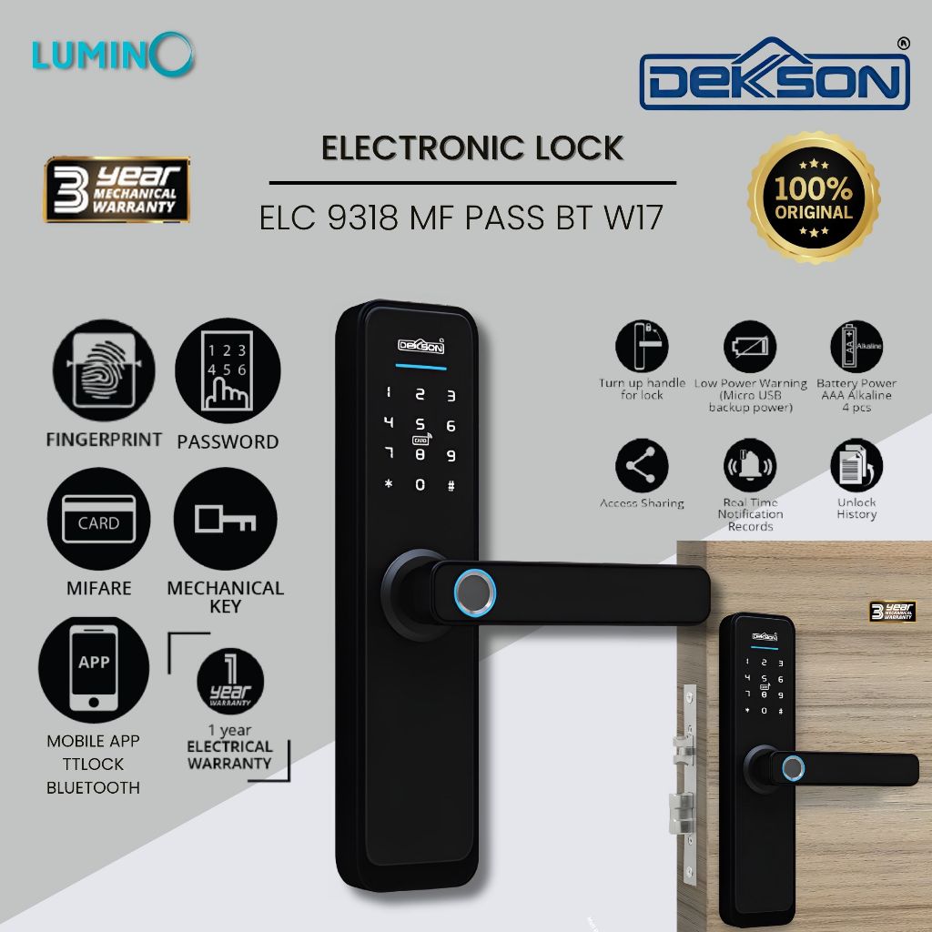 Dekkson - Smart Electronic Lock Pintu Kayu Digital Password Fingerprint Kartu / ELC 9318 W17
