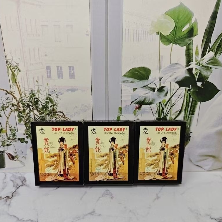 Top Lady Hair Dye Shampoo – 3 Pak Isi 18 Sachet | Cat Rambut Herbal Praktis Cepat Hitam Berkilau