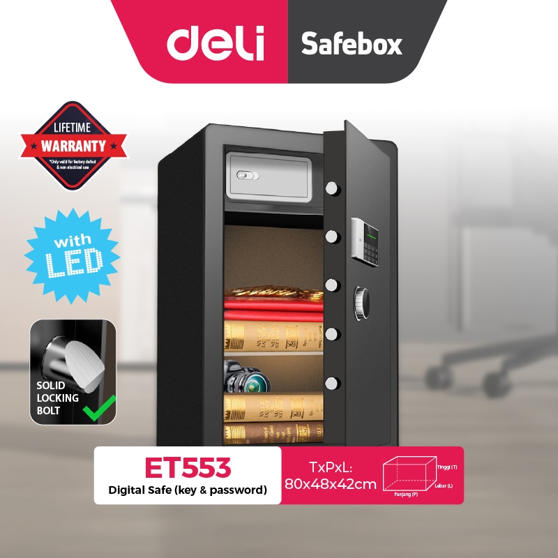 Deli Digital Safe Box LED Display Double Unlock || Brankas Digital Alarm Carbon Steel 80*48*42 ET553