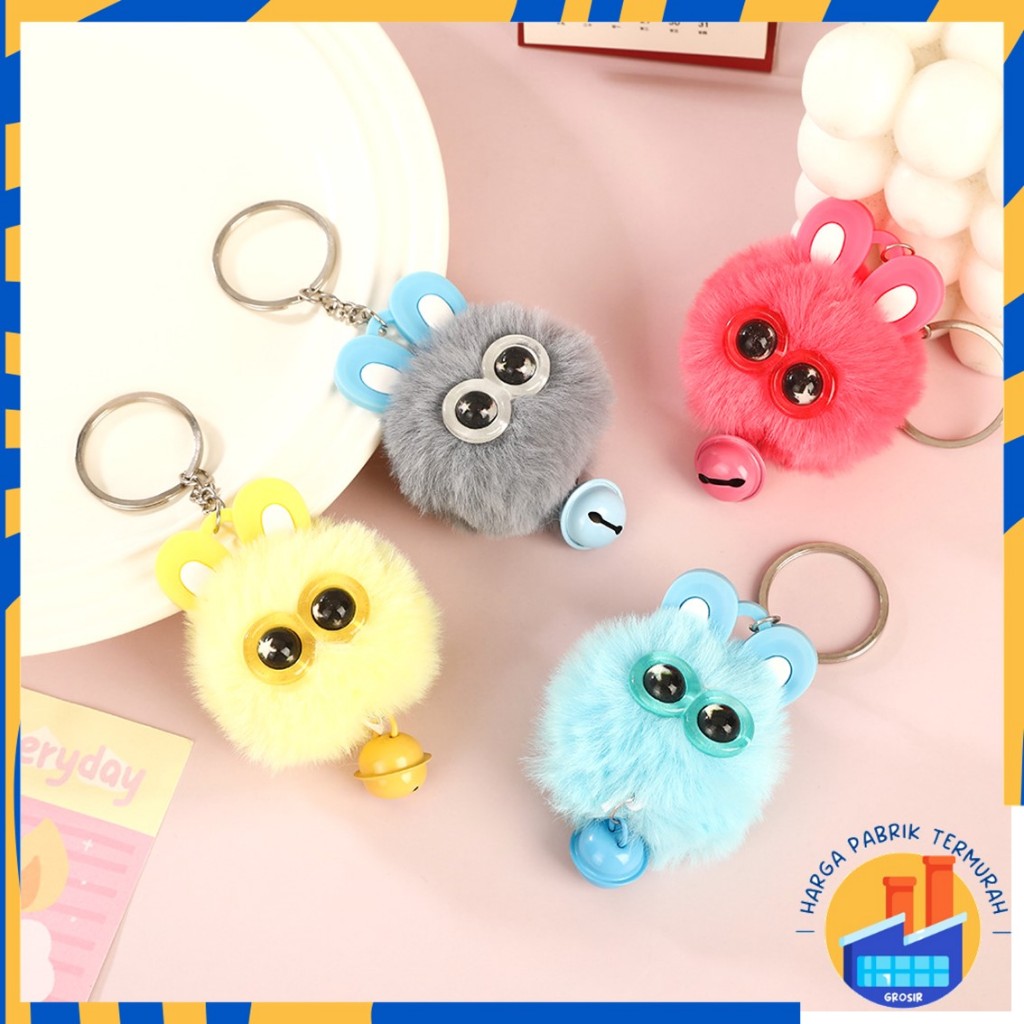 HPT Gantungan Tas Kunci Boneka Bola Bulu Bermata Besar Gantungan Kunci Kelinci Dengan Lonceng Bag Ch