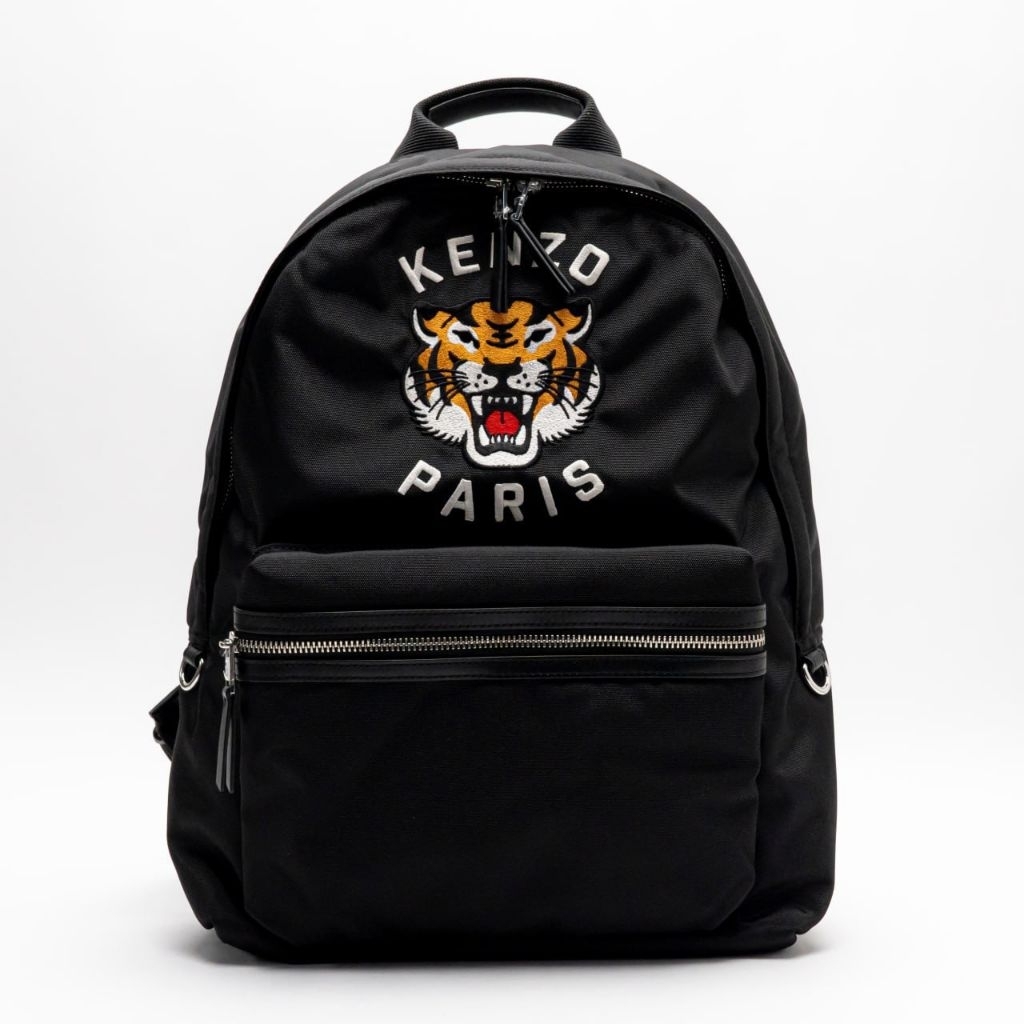 Kenzo Tiger Paris Logo Embroidered Varsity Nylon Backpack Black