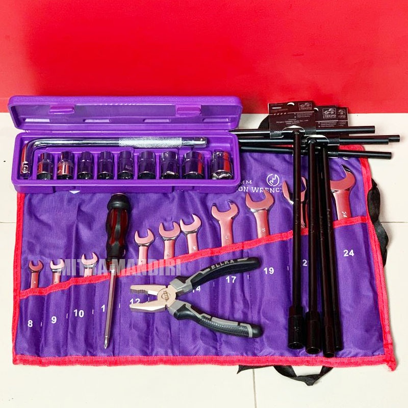 PAKET BENGKEL LENGKAP 6 SET KUNCI RING PAS SET 11 PCS + MATA SOCK PENDEK 8-24+GAGANG L+TANG KOMBINAS
