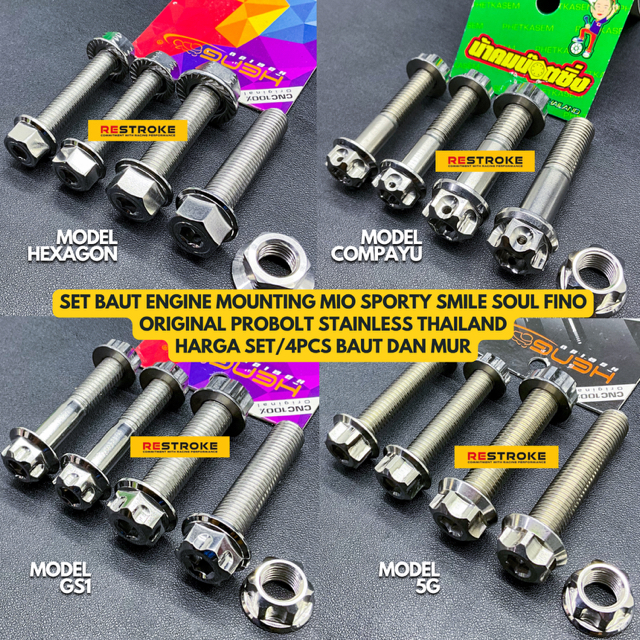 SET BAUT ENGINE MOUNTING MIO SPORTY SMILE SOUL FINO ORIGINAL HENG COMPAYU PROBOLT STAINLESS THAILAND