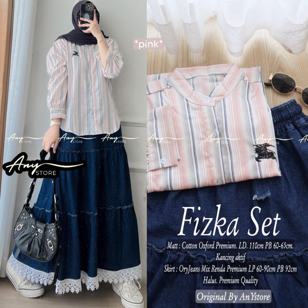 Frizka one set rok jeans by A.N.Y kemeja stripe baju kemeja wanita one set wanita kekinian rok panja