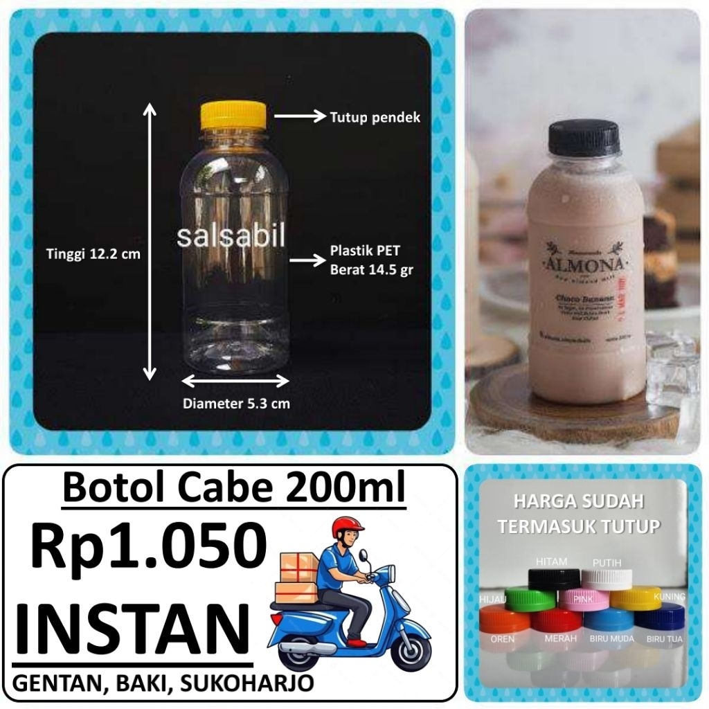 (INSTAN) Botol Cabe 200ml / botol plastik 200ml (isi 100 botol)