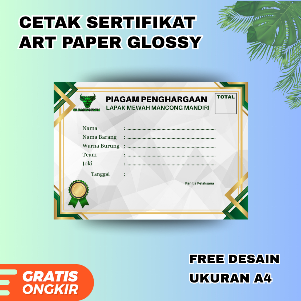 CETAK SERTIFIKAT MURAH UKURAN A4 BAHAN GLOSY SERTIFIKAT BURUNG PIAGAM PENGHARGAAN FREE DESAIN CUSTOM