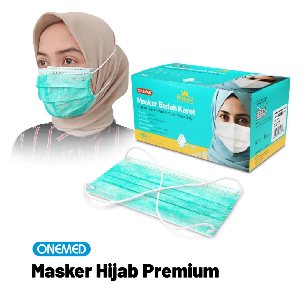 Masker Hijab Onemed / Headloop 3Ply Premium 1BOX Isi 50Pcs Masker Hijab Medis Warna Putih Hijau