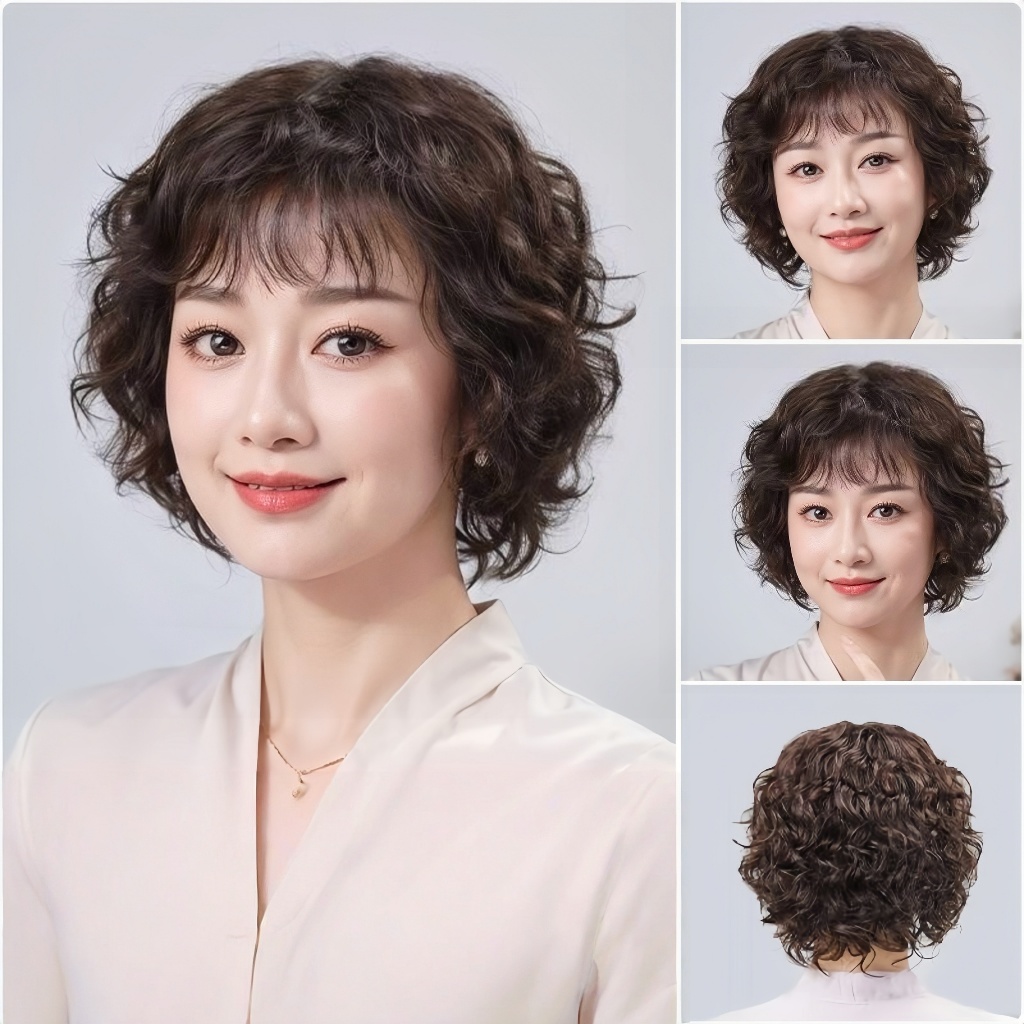 RambuPalsu Wanita Pendek Wig Daily Rambut Palsu Wanita Curly Wig Wanita Wig Ibu Ibu Wig Murah Rambut