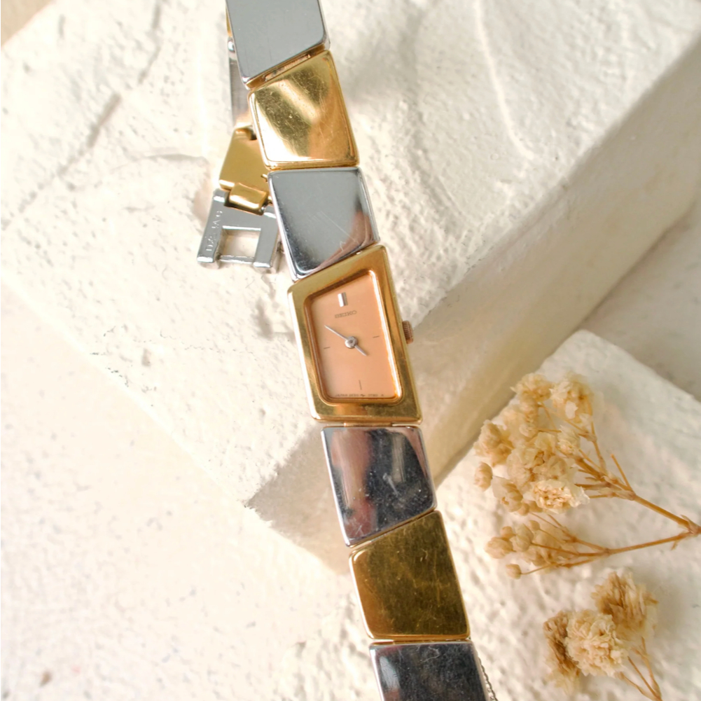 Jam Tangan Wanita Vintage Watch Seiko Rose Gold Dial with Two Tone Chain Original Autentik Preloved 