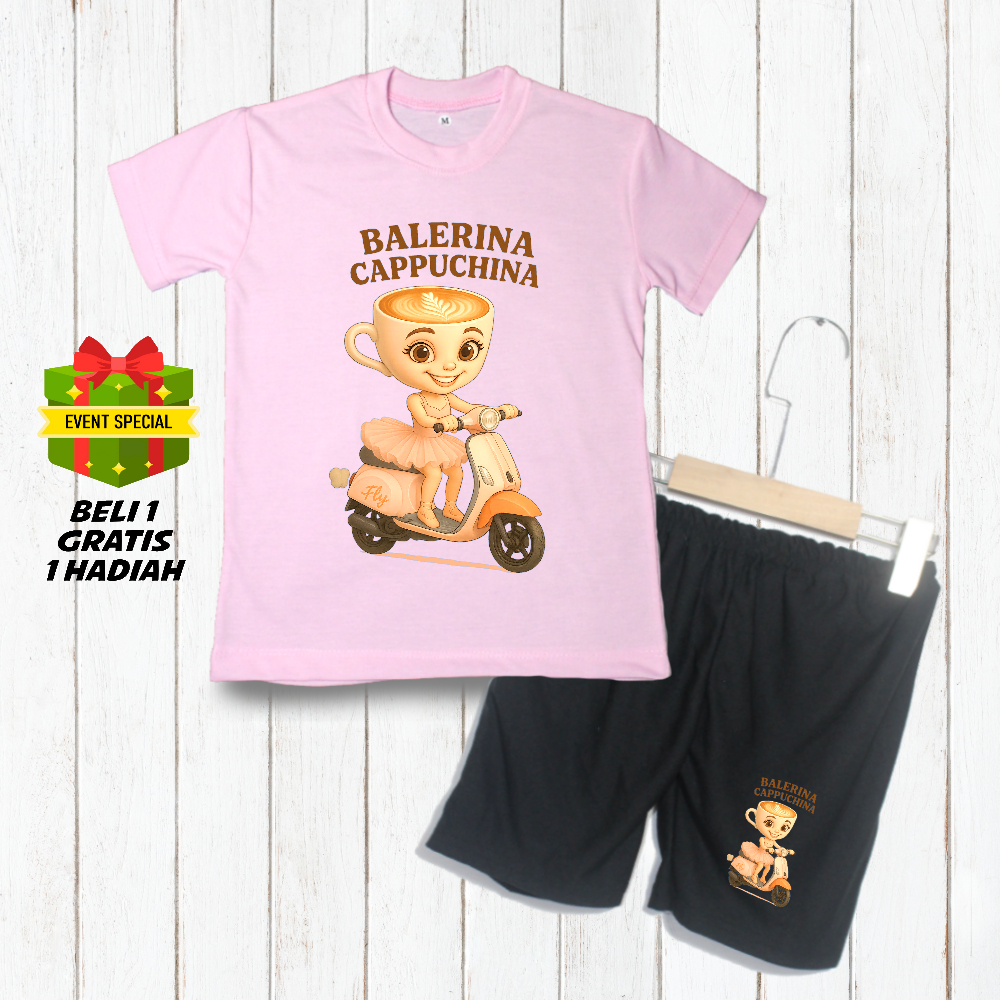 Setelan Baju Anak Perempuan Cewek Distro Balerina Cappuchina Sepeda Listrik 02 Adem Nyaman Sablon DT