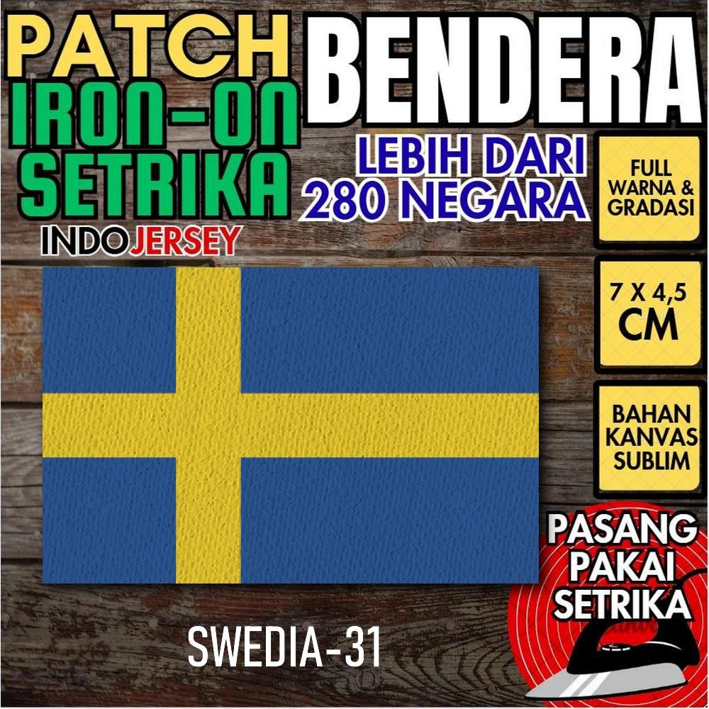 Indojersey Patch Bendera SWEDIA SWEDEN Iron-On Kanvas Sublimasi Persegi Kotak 7 x 4.5 cm Baju Kaos J