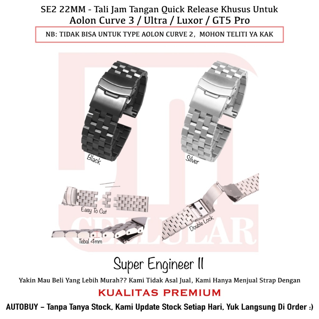 SE2 Strap 22mm Aolon Curve 3 / Ultra / Luxor / GT5 Pro - Tali Jam Tangan Stainless Steel Premium
