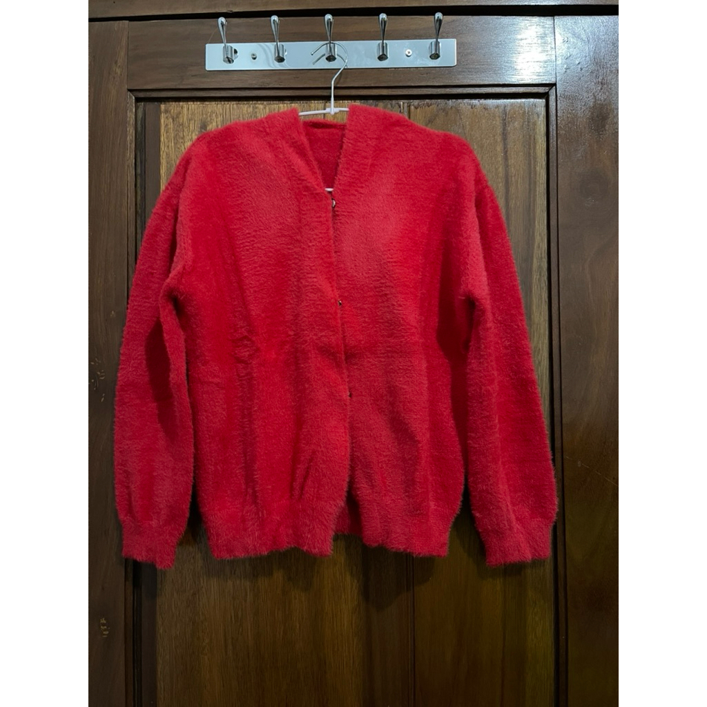 HOODIE JACKET KNIT FUR FUZZY MERAH LEMBUT HALUS