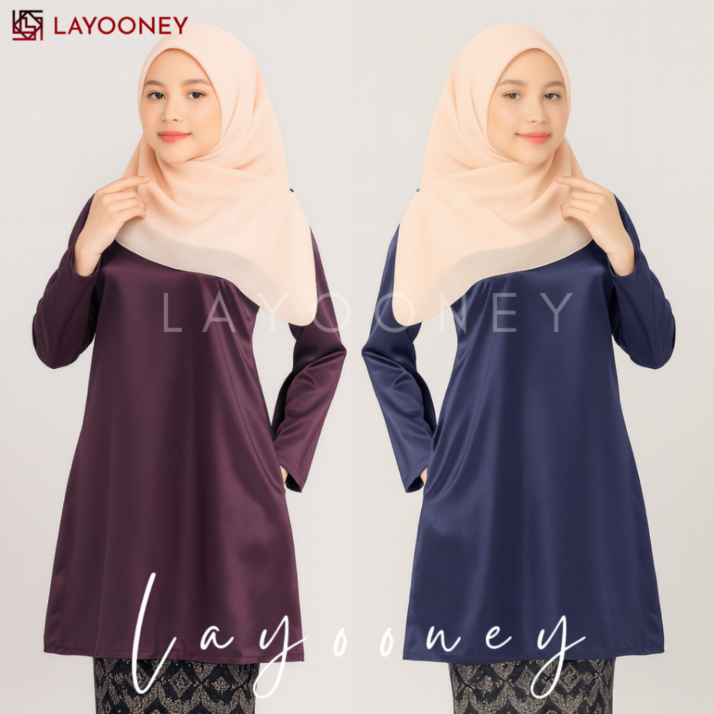 Layooney Baju Kurung Melayu Wanita Atasan Tunik Kebaya Modern Polos Akad Kondangan Satin Premium