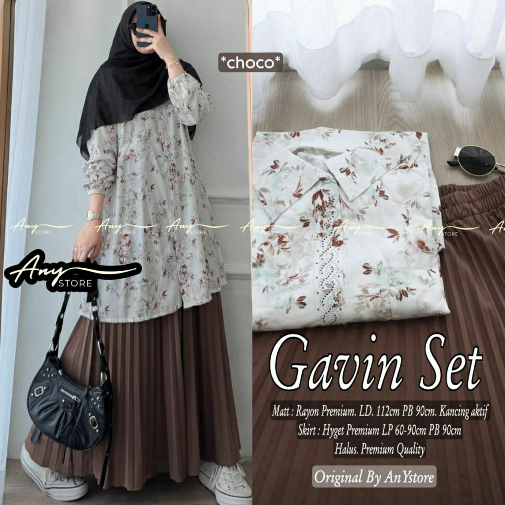 Gavin setelan rok plisket remaja dewasa atasan tunik rayon motif bunga variasi renda
