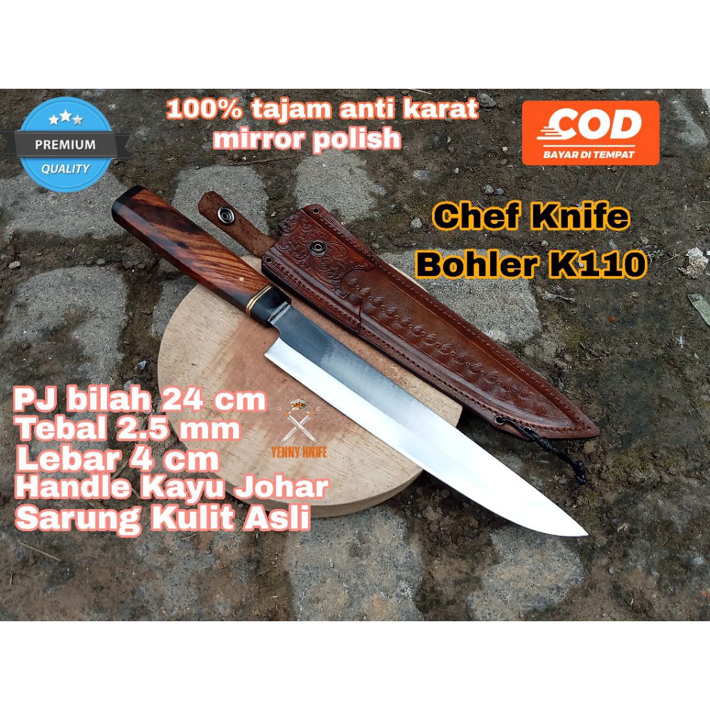 Pisau Dapur Chef Knife Baja Bohler K110 Anti Karat / Pisau Sembelih Bohler K110 / Pisau Skinner / Pi