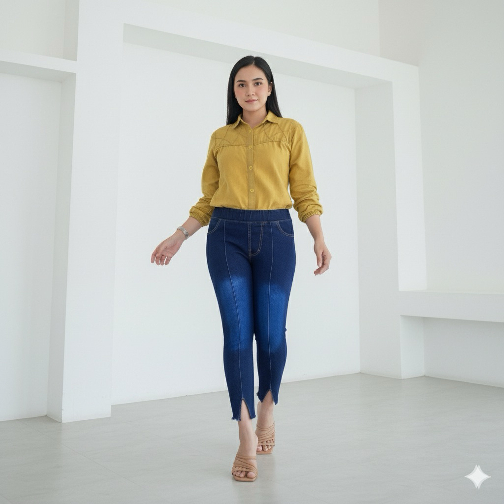 Jeans Wanita 7/9 Pensil rawis Belah Depan | Bahan Stretchy Pinggang karet