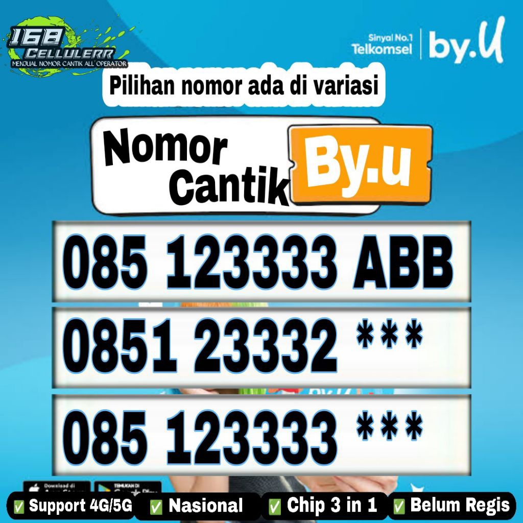 nomor cantik telkomsel kartu by.u 5G kuota 3Gb 3333