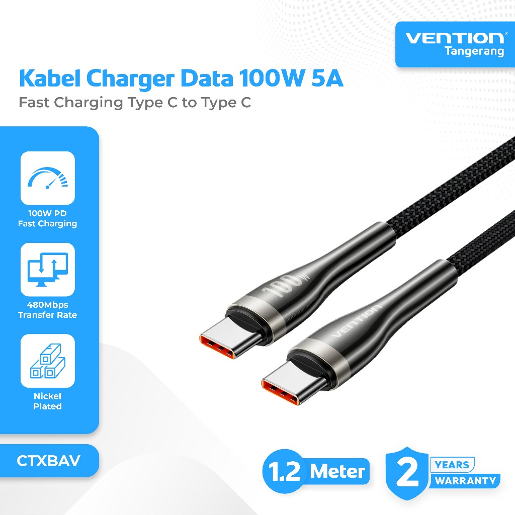 Vention Kabel Charger Data USB 2.0 Type C to Type C Fast Charging 100W 5A For Handphone & Laptop Nyl