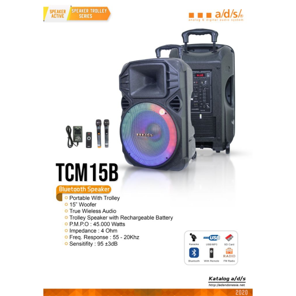 ADS Speaker TCM15B - Bluetooth Karaoke Speaker 15" 150W, USB/SD, FM Radio, 2 Mic Wireless + Remote