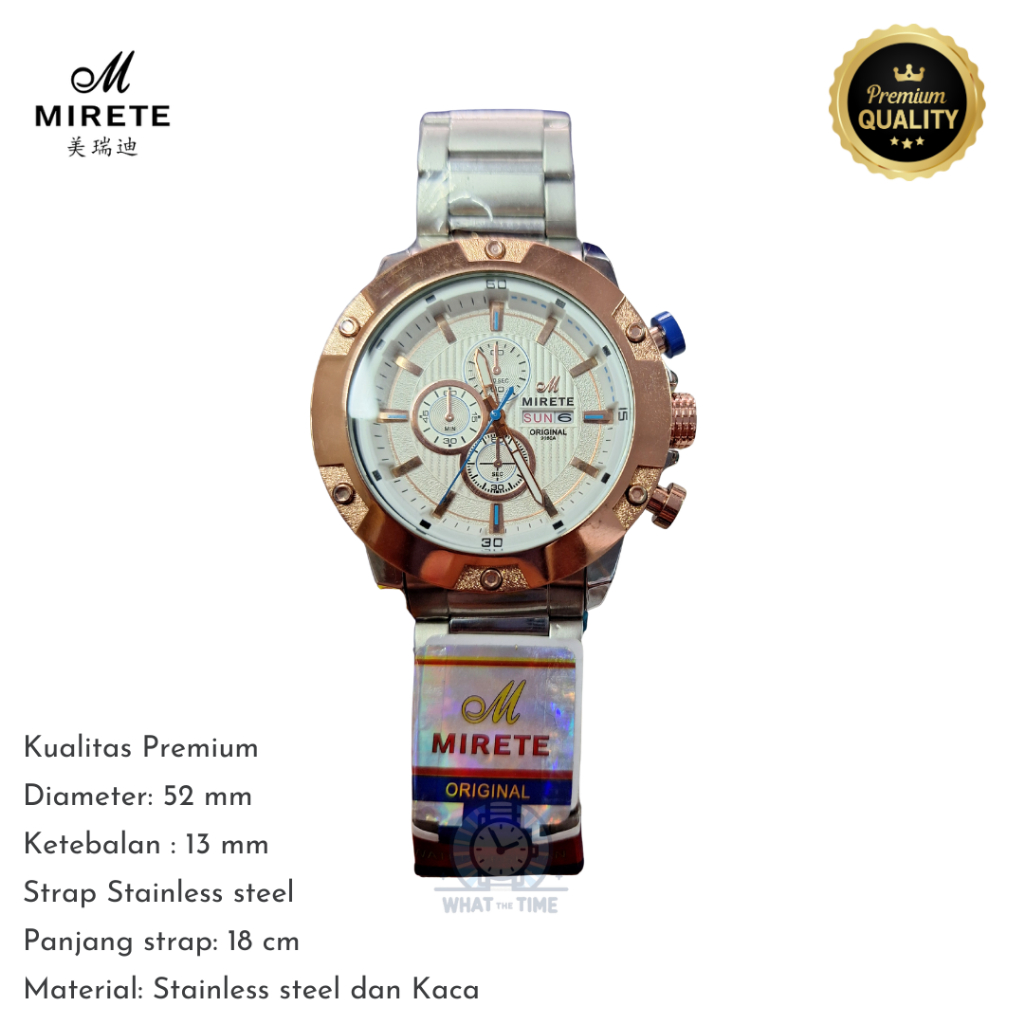 WTT1 Jam Tangan Mirete Original Tali Putih Analog Stainless Sport Pria  Rantai Bulat Silver Cowok