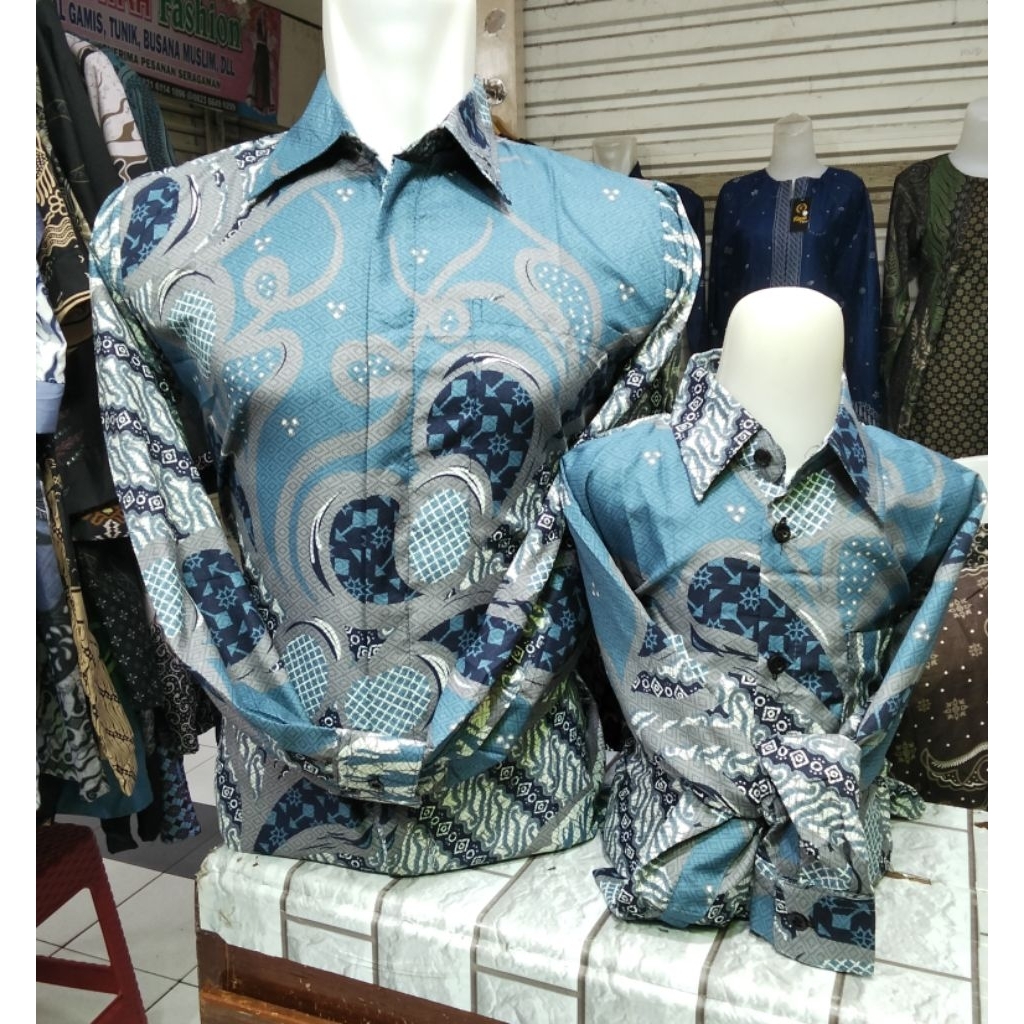 Baju Batik Pria Wanita Anak Warna Biru / Baju Seragam Batik Warna Biru