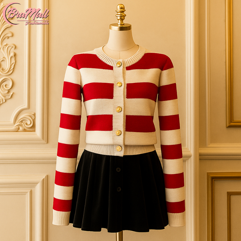 [ BraMall ] BJ-128 Cardigan Rajut Garis Merah Putih Elegan – Sweater Wanita Mewah