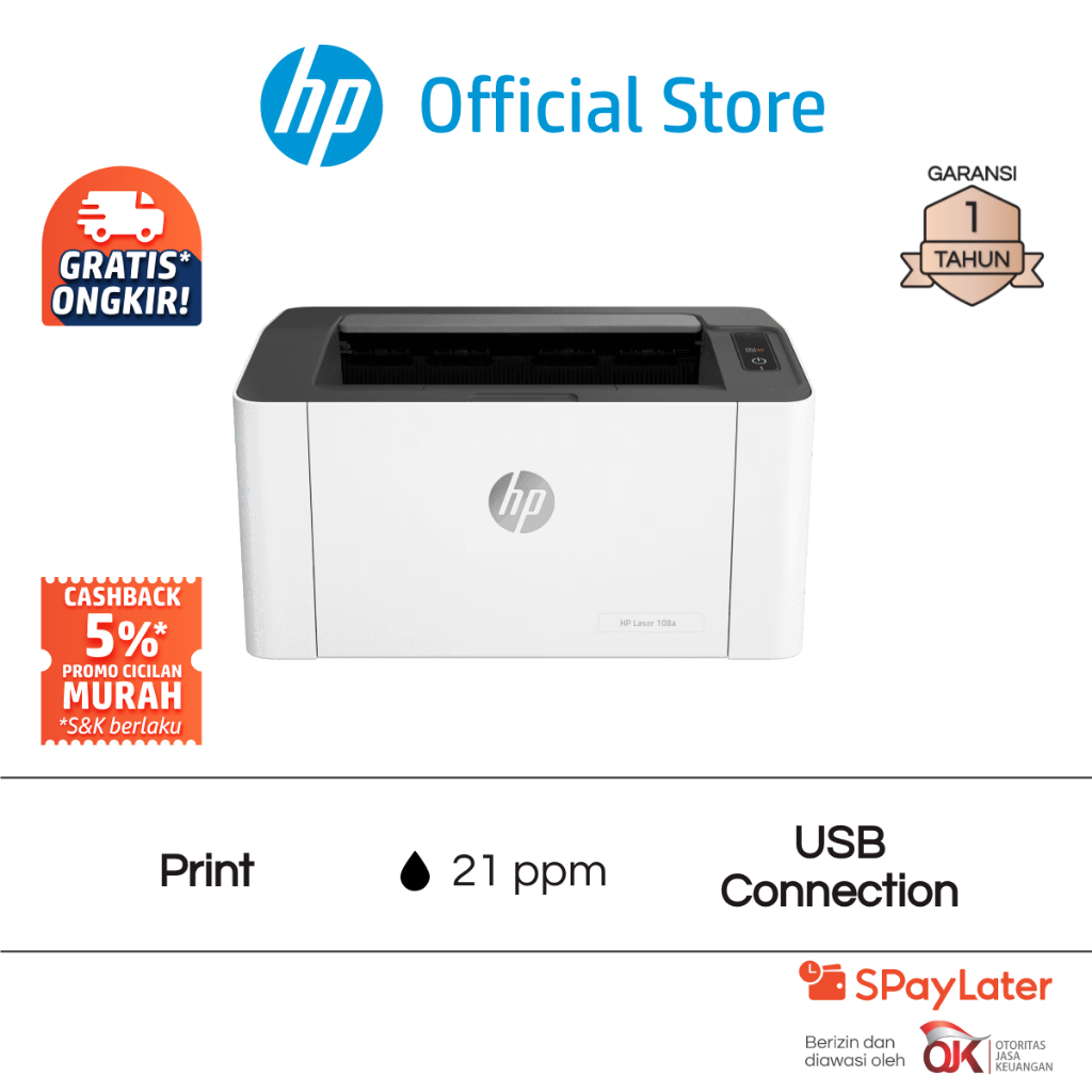 Printer HP Laser 108a / 108w Print Only Wireless Wifi USB Black Hitam Garansi 1 Tahun Promo Murah Gr