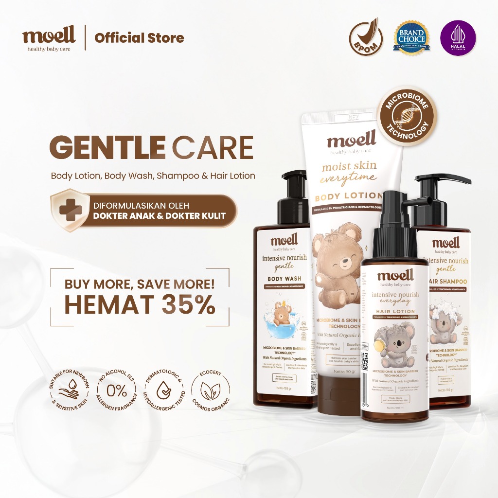 Moell Gentle Care Body Wash 185gr & Body lotion 185gr & Shampoo 185gr & Hair Lotion 100gr - Paket Pe