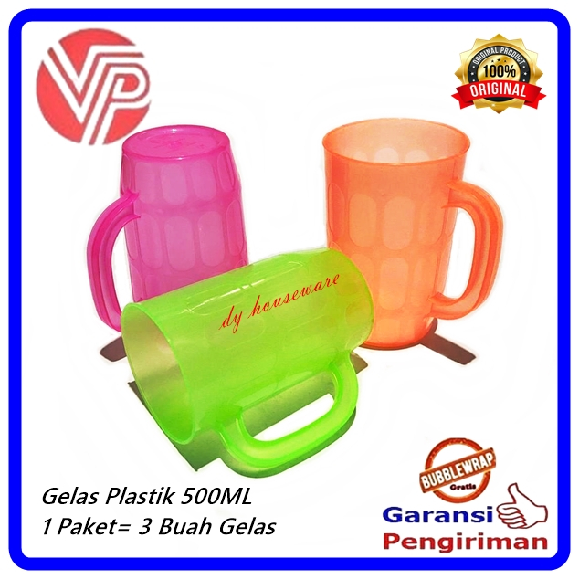 Gelas Plastik Gagang 500ML Cangkir Gelas Bir Gagang Plastik Warna Warni ( Harga 3 Pcs )