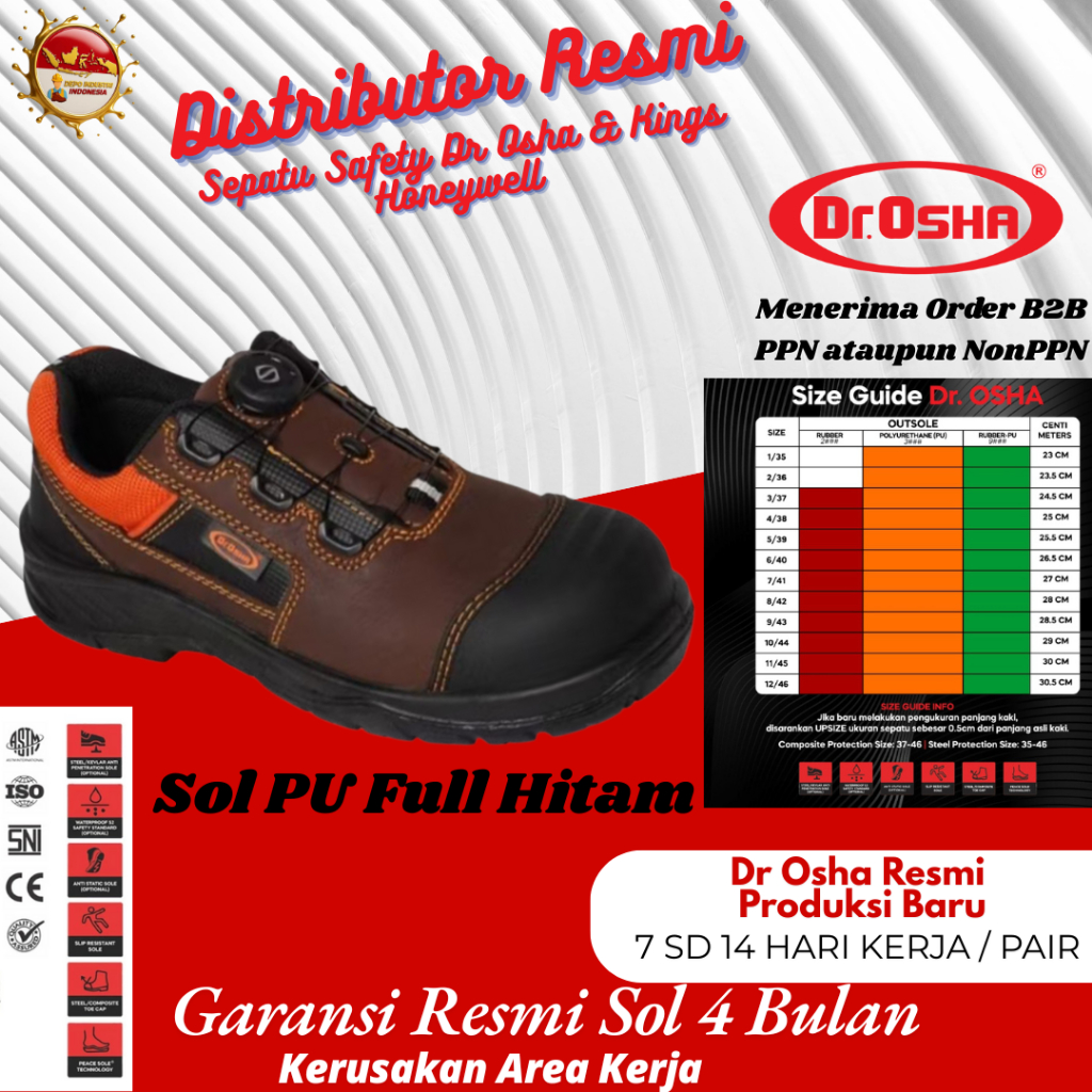 Dr.OSHA Safety Shoes Viper Lace Up 3169 S1 Composite Toe - Sol PU - Cokelat, 40