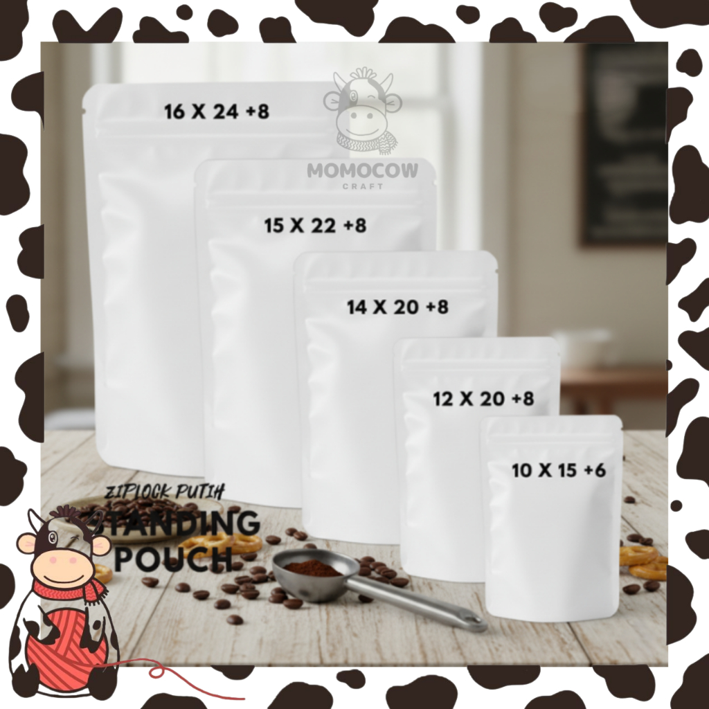 Standing Pouch Kraft Putih / 5 Ukuran / Zipper Klip Kemasan / 1pcs