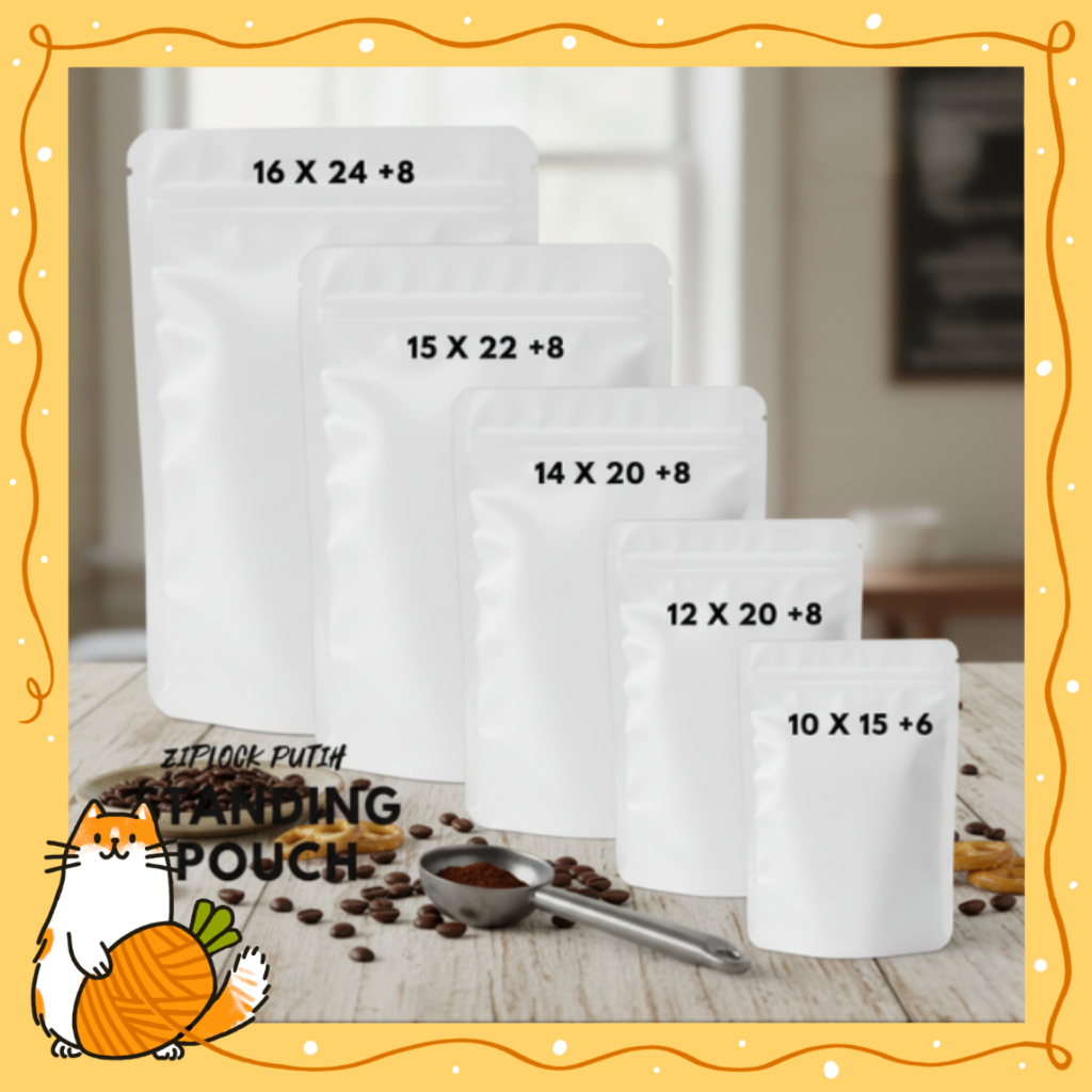 Standing Pouch Kraft Putih / 5 Ukuran / Zipper Klip Kemasan / 1pcs