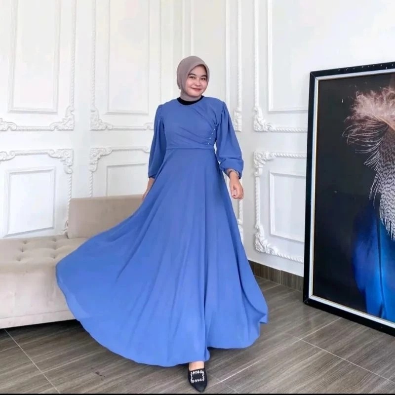 Naomi Dress Rempel Hiasan Mutiara Ld100-120 / Gamis Kondangan Terbaru Warna Terang Bahan Ceruty