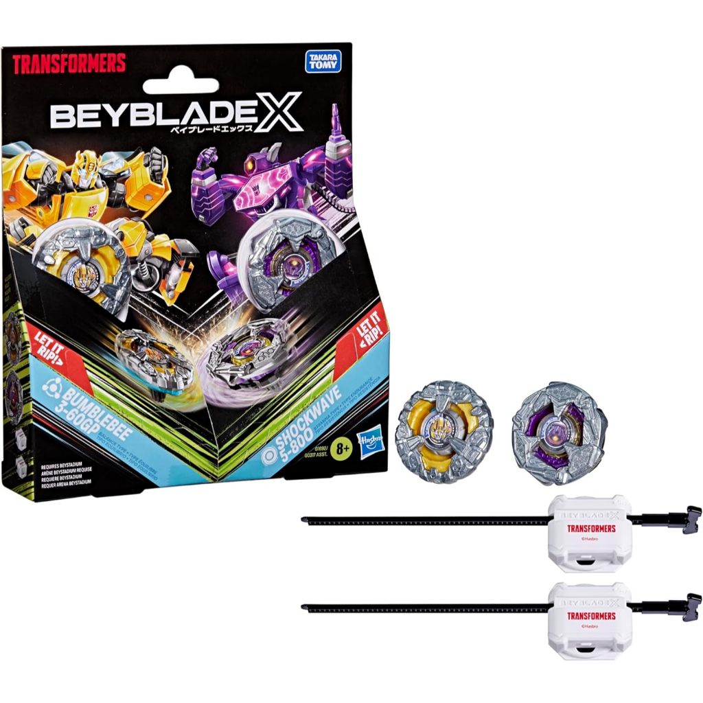 Beyblade X and Transformers Collab, Bumblebee 3-60GP vs. Shockwave 5-80O, 2 Takara Tomy Tops