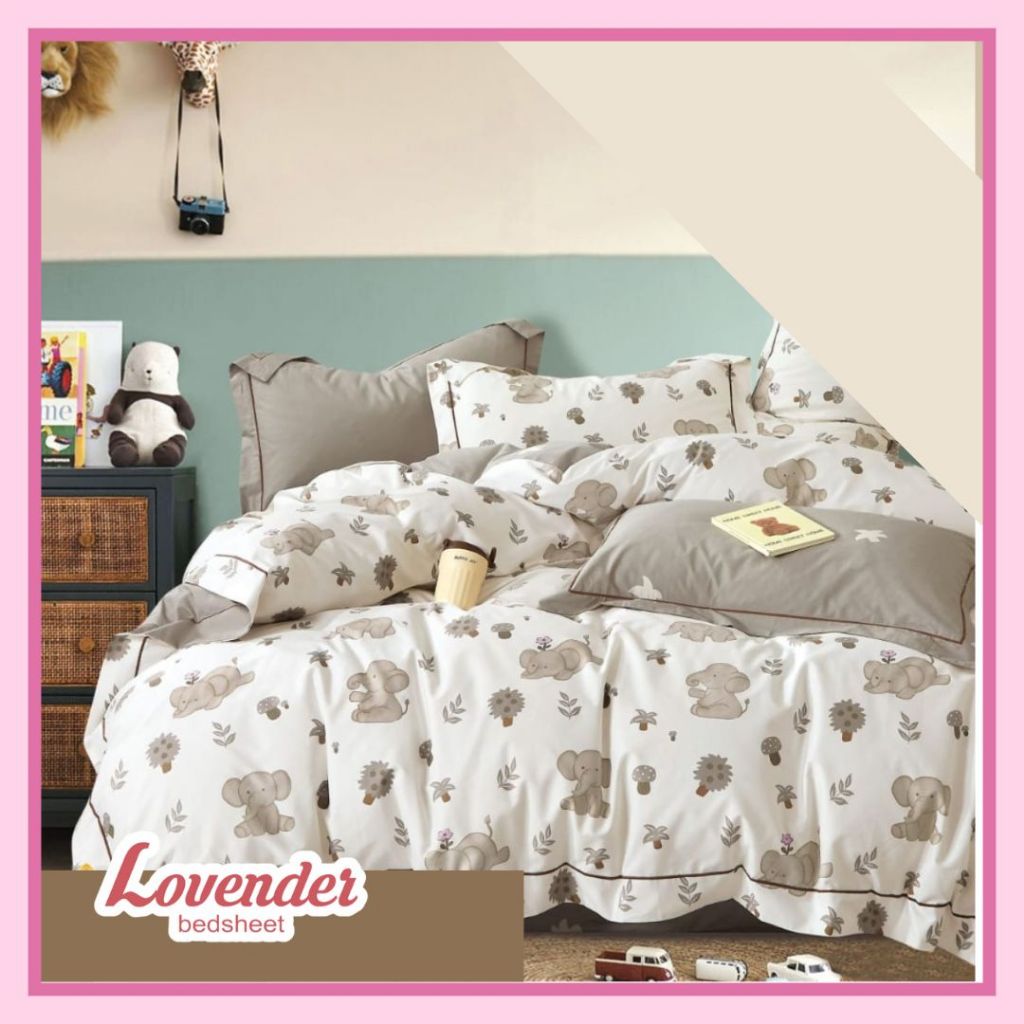 Sprei/Bedcover katun JEPANG putih abu gray elephant gajah animal anak lucu[LOVENDER BEDSHEET]