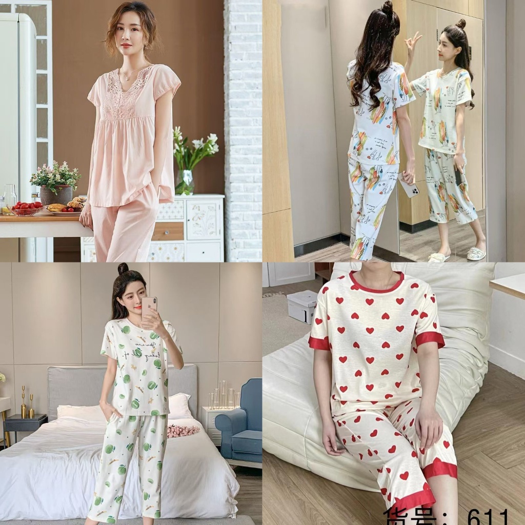 BAJU TIDUR PIYAMA CEWEK CP KAOS KATUN IMPORT BERKUALITAS MOTIF LENGAN PENDEK SETELAN CELANA SELUTUT 