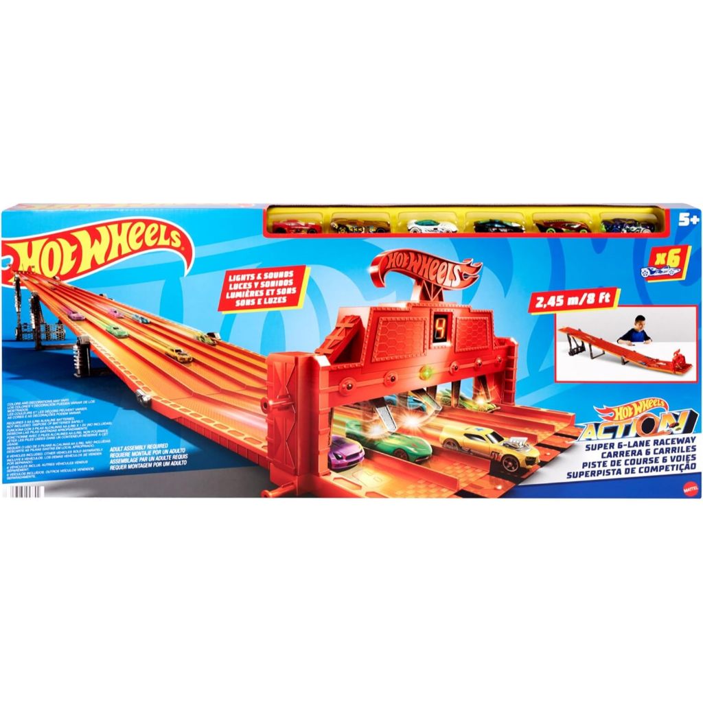 Hot Wheels Toy Car Playset with Lights, Sounds & 6 1:64 Scale Vehicles, Super 6-Lane Raceway, 8-foot