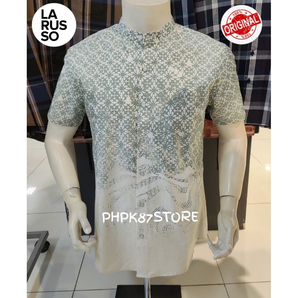 KEMEJA PENDEK PRIA PRINTING LARUSSO KERAH MANDARIN,KEMEJA KOKO PENDEK