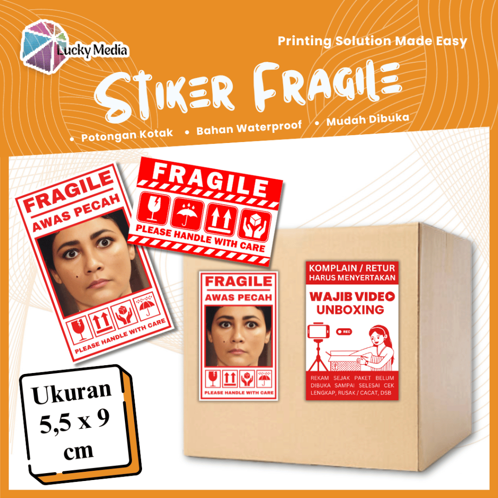 Label Sticker FRAGILE Besar 9 x 5,5 Unboxing Online Shop Wajib Video Stiker Jangan Dibanting