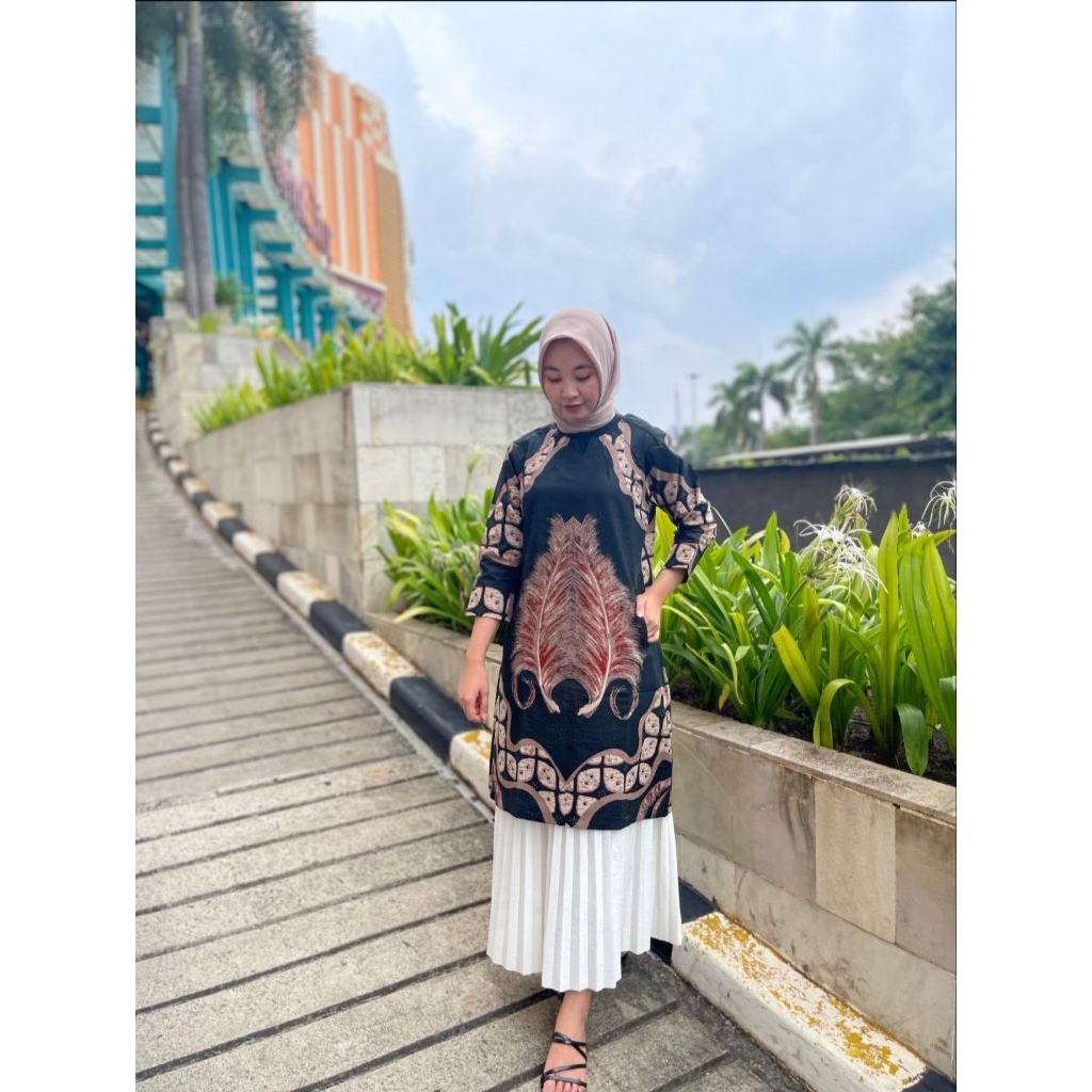 Tunik Batik Wanita Motif Daun Kelapa Hijau Botol Katun Halus Lapis Trikot