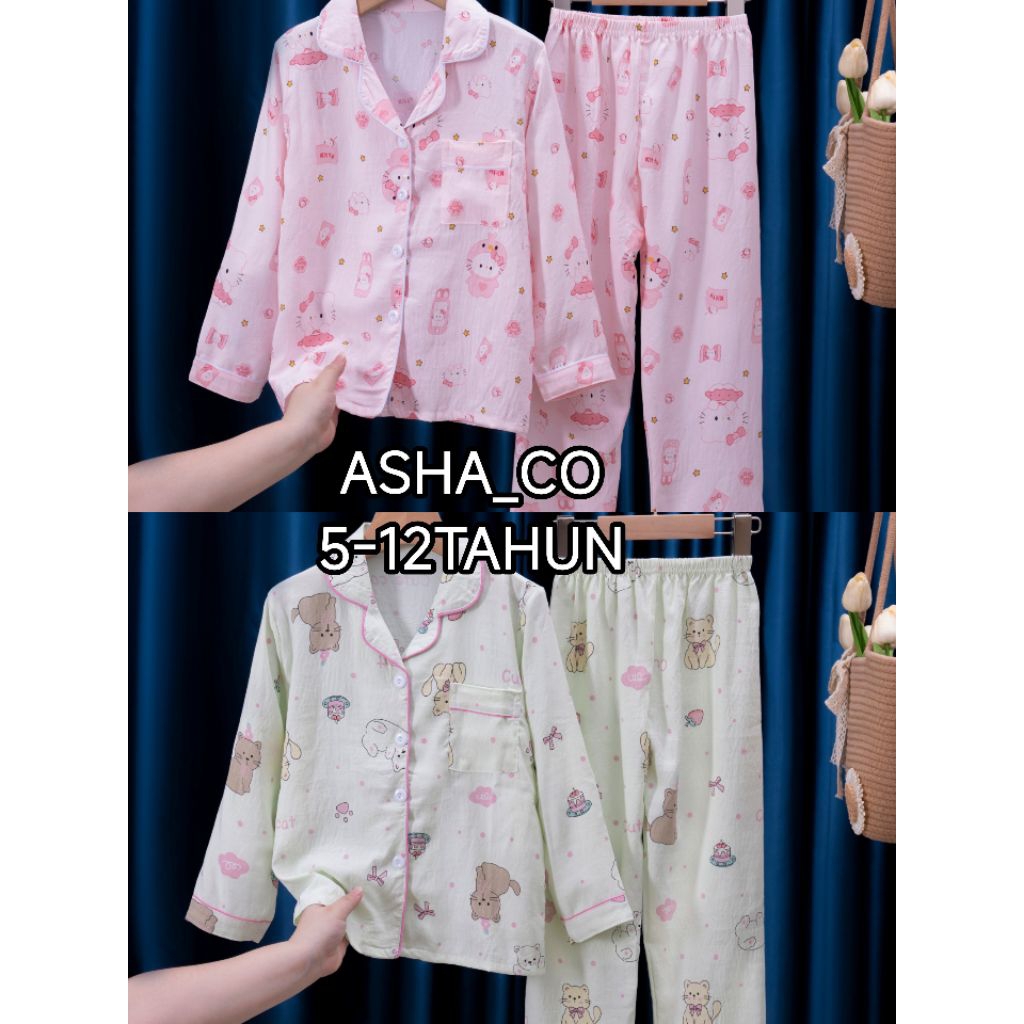 PIYAMA/BAJU TIDUR POKET PP (PANJANG PANJANG)LEISURE KANCING CRINKLE PREMIUM USIA 5-12TAHUN