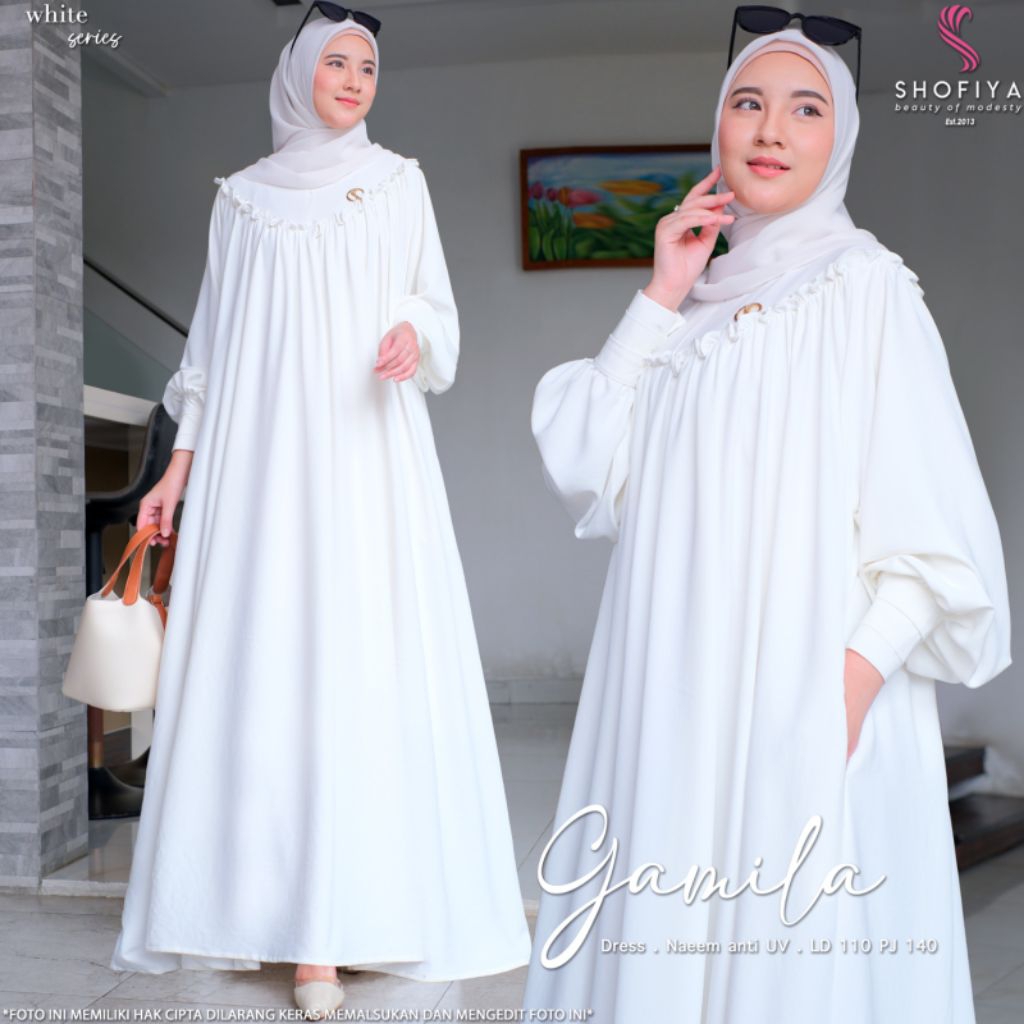 Gamila Dress Naeem Anti UV | Gamis Polos Premium Muslimah LD 110 PJ 140 – White / Brown / Dark Purpl