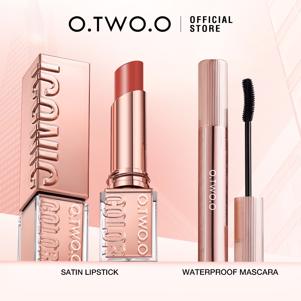 O.TWO.O 2PCS Haute Hydrating Satin Lipstick Longlasting + Volumizing Waterproof Maskara
