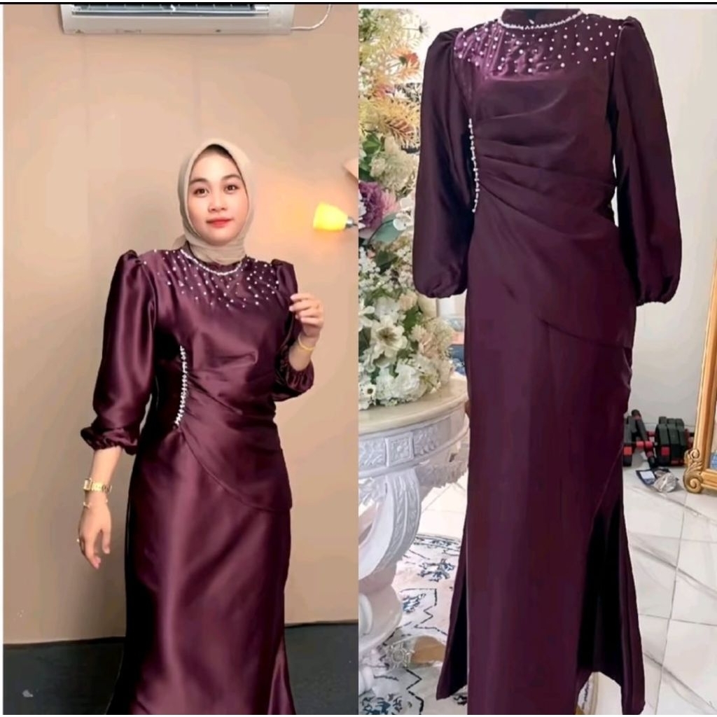 Vina Dress Satin Silk Premium Wanita Kondangan Gaun Pesta Bridesmaid Lebaran - Gamis Pesta Elegan Me