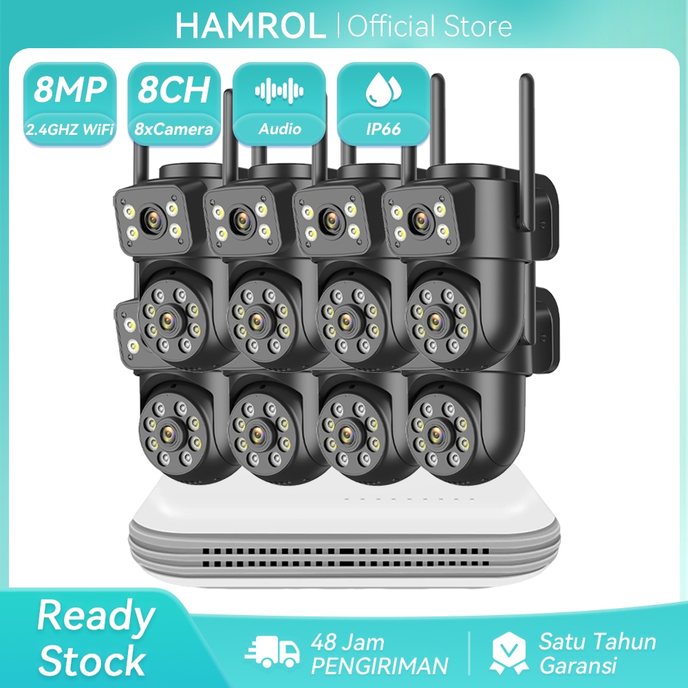 Hamrol 10 Channel NVR 2/4/6/8 Dual Lens 8MP PTZ CCTV Wifi NVR Kit Outdoor Kamera Tahan Air Wireless
